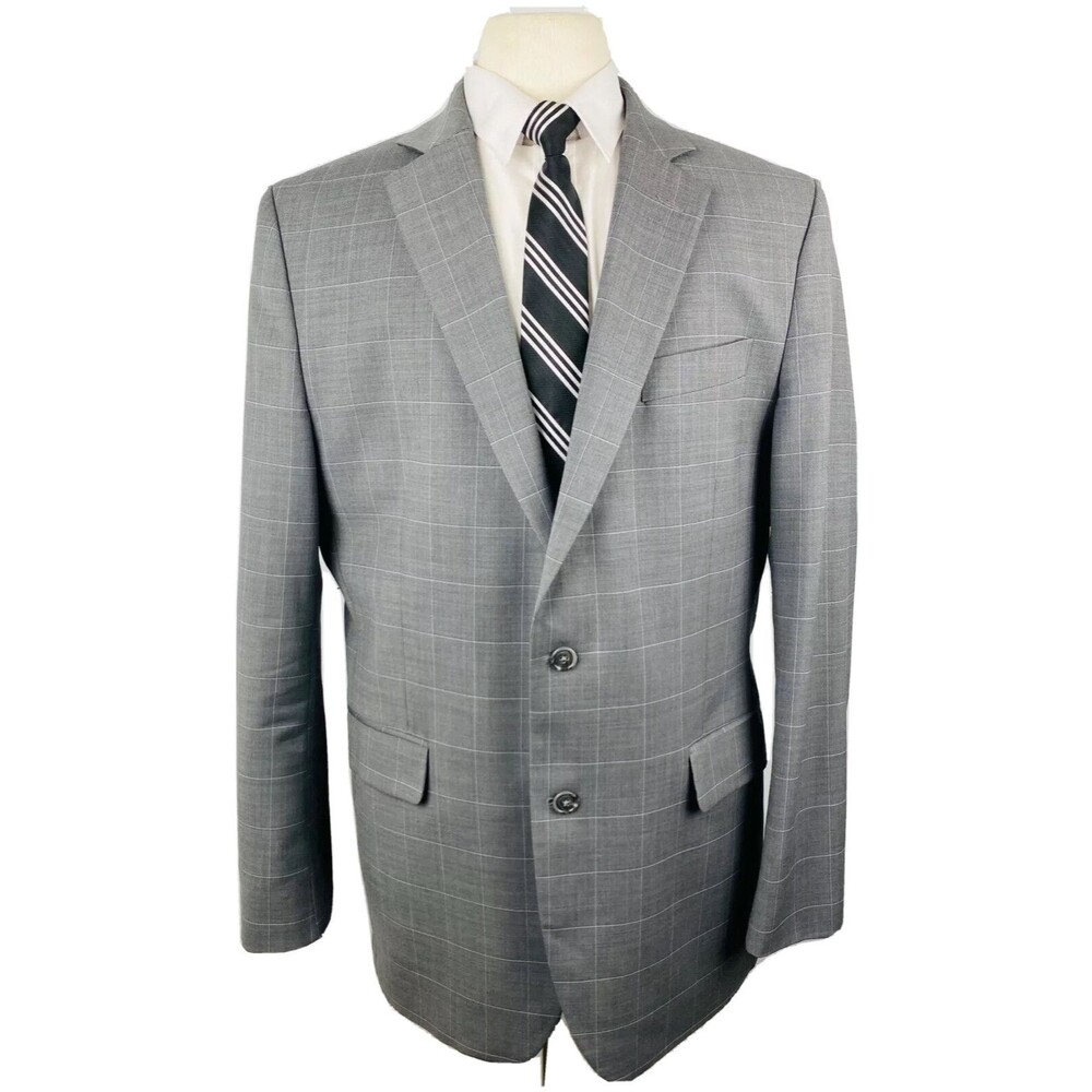 STAFFORD MENS 42L GRAY WINDOWPANE CHECK SOFT WOOL BLAZER SPORT COAT SUIT JACKET